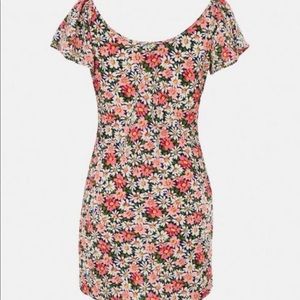 Pink Floral Print Ruched Bust Mini Dress w slit